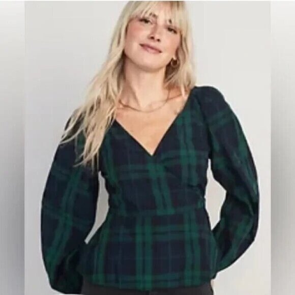 NEW Old Navy Blouse Sz XXL Green Plaid Puff Sleeve Smocked Wrap‎ Party Top $39 - Picture 1 of 8